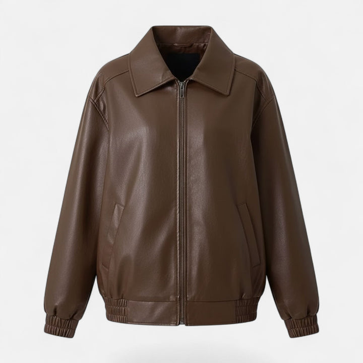 Modern women's loose moto style jacket, a chic transitional outerwear piece for effortless casual elegance.
