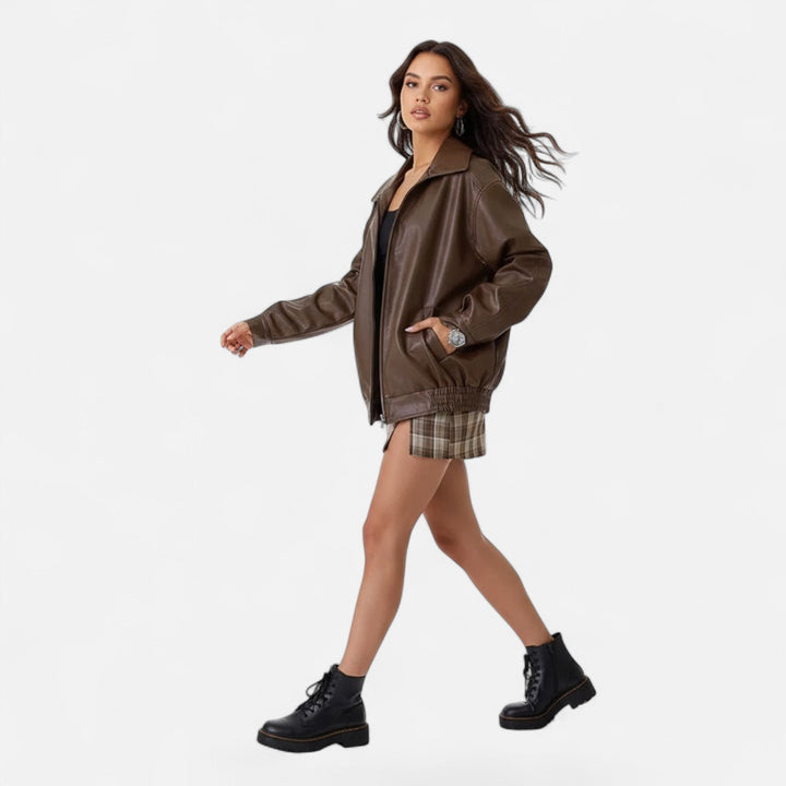 Effortlessly chic women's loose moto jacket, a stylish outerwear choice for a trendy and comfortable look.