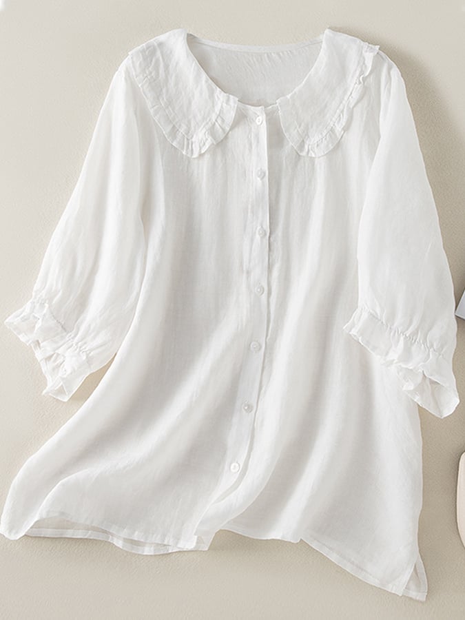Feminine button-front ruffle top for women, a comfortable and stylish loose fit blouse.