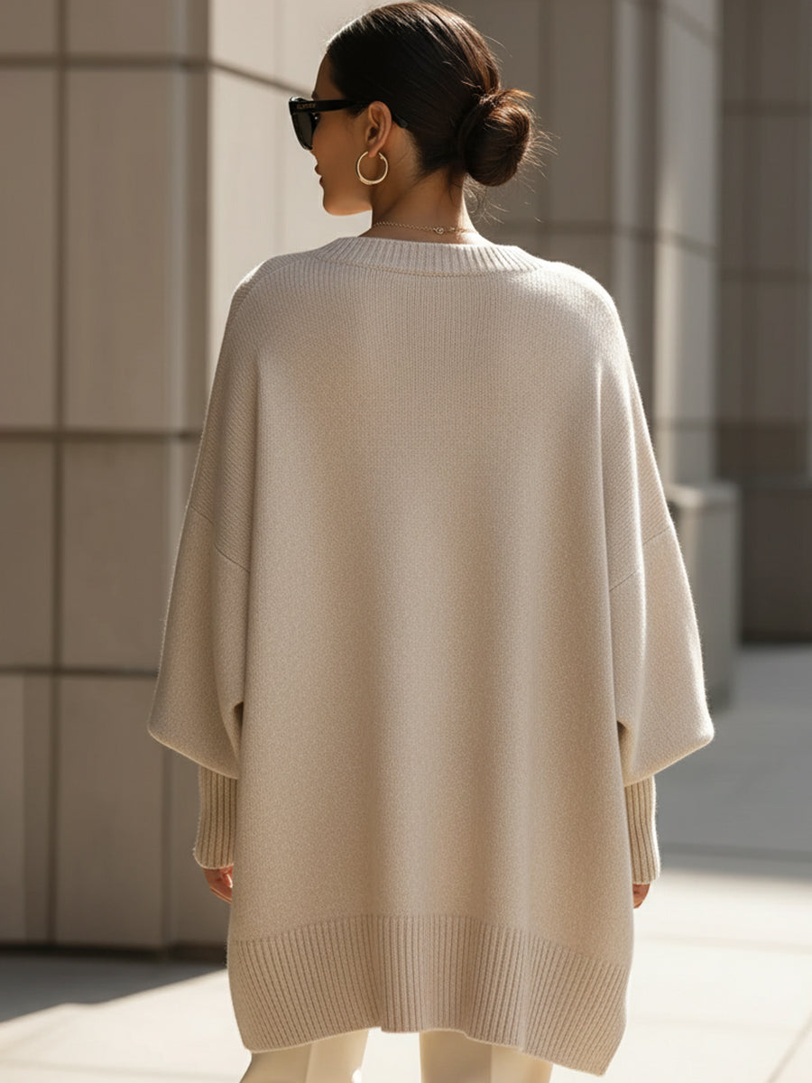 Casual women's wool blend sweater with a loose fit and round neck, a cozy fall apparel choice