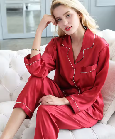 Comfortable women's satin pyjama set, relaxed fit two-piece loungewear. Ultimate nightwear comfort.