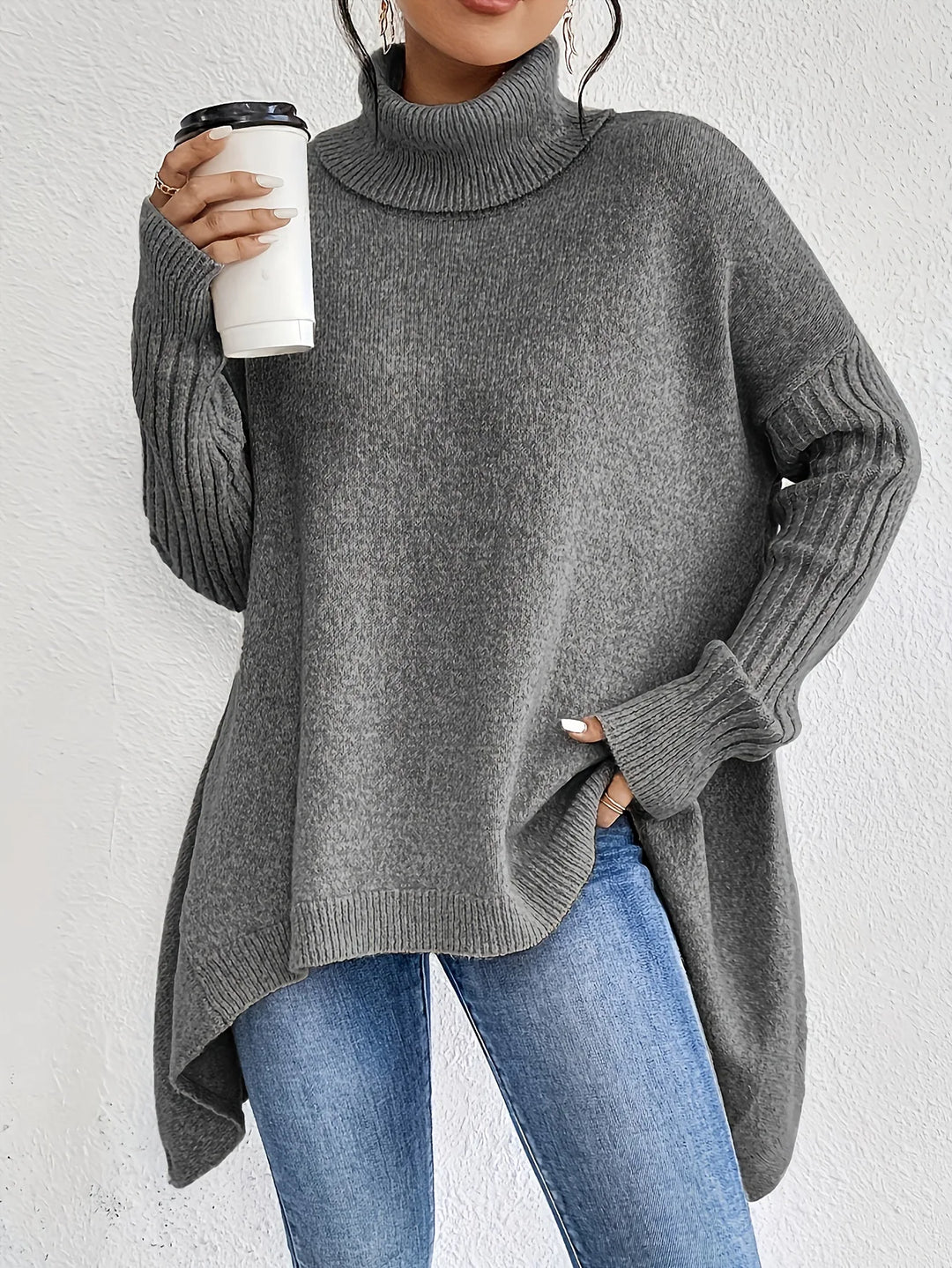 Warm knitwear: a women's cashmere blend turtleneck sweater, a staple for chilly weather and comfort.