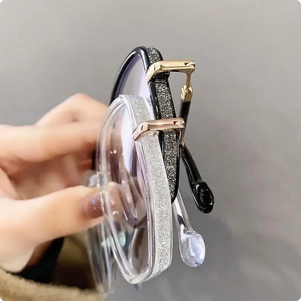 Display of women's luxurious reading glasses, a timeless, comfortable vision aid & elegant fashion accessory.