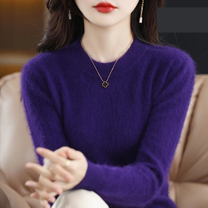 Women's luxurious soft round neck pullover sweater; comfortable & fashionable everyday style.