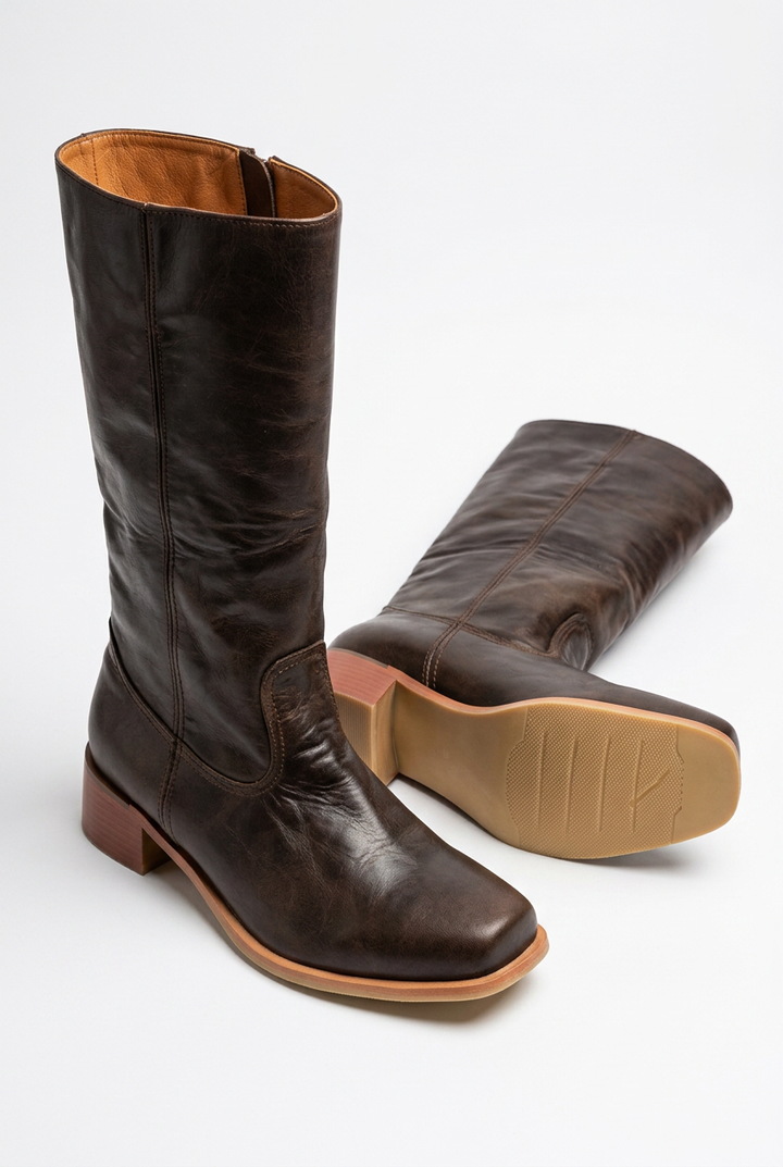 Khaki casual mid-calf boots for women. Durable block heel and closed toe for all-day comfort.