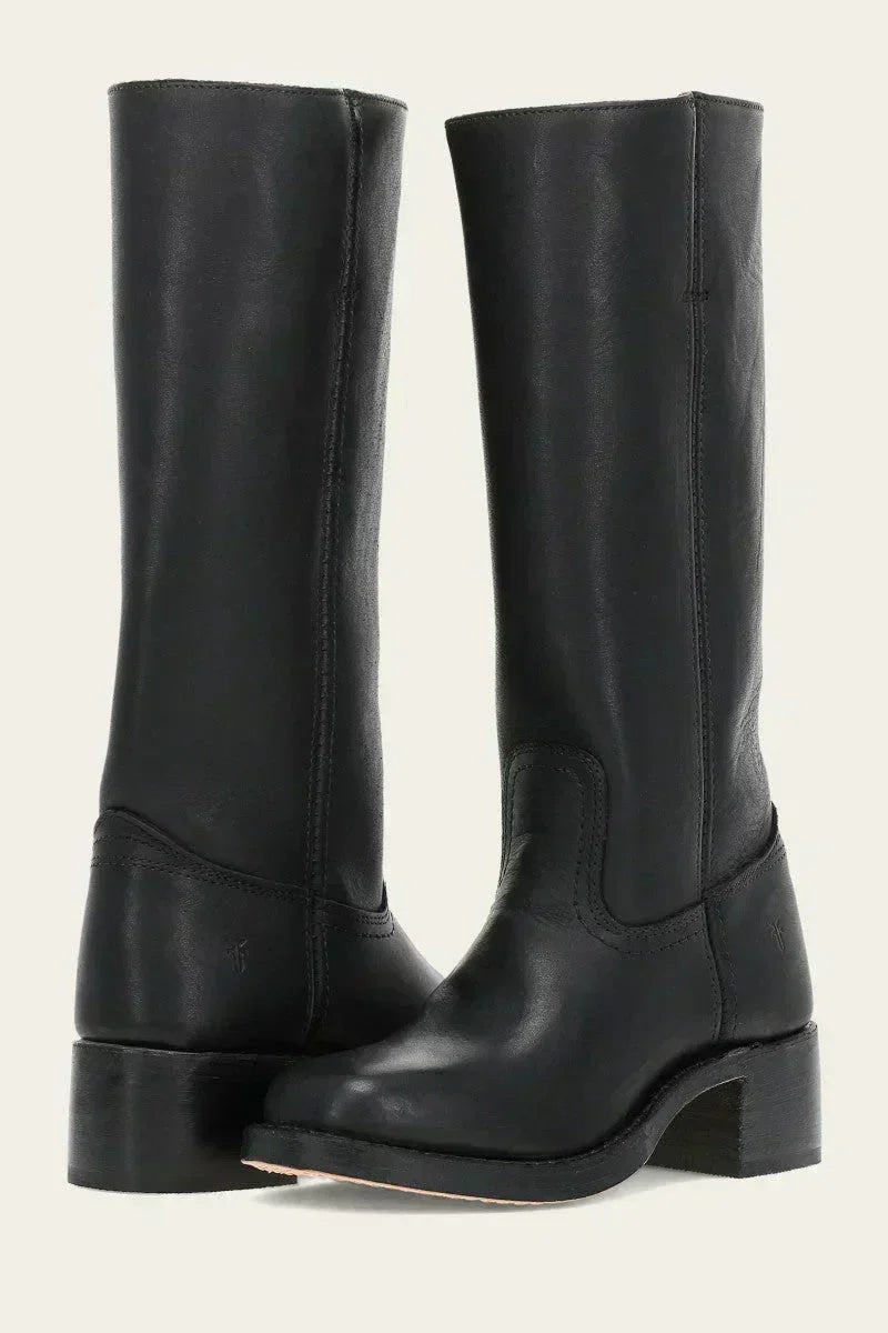 Stylish brown mid-calf boots with secure closed toe & stable block heel. Versatile women's footwear.