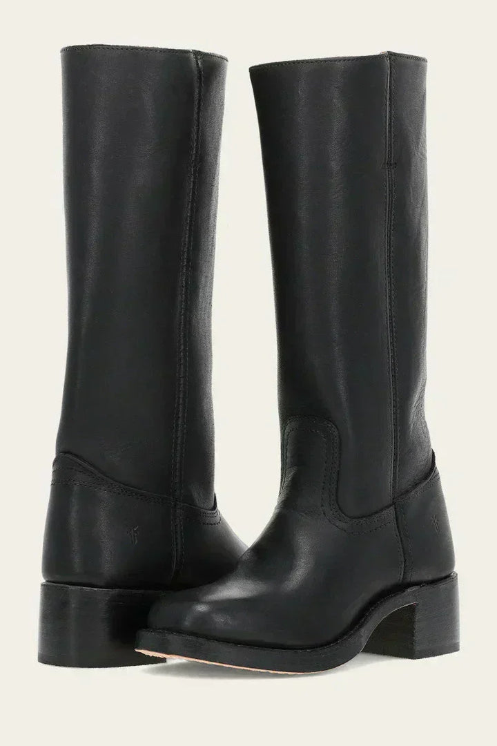 Stylish brown mid-calf boots with secure closed toe & stable block heel. Versatile women's footwear.