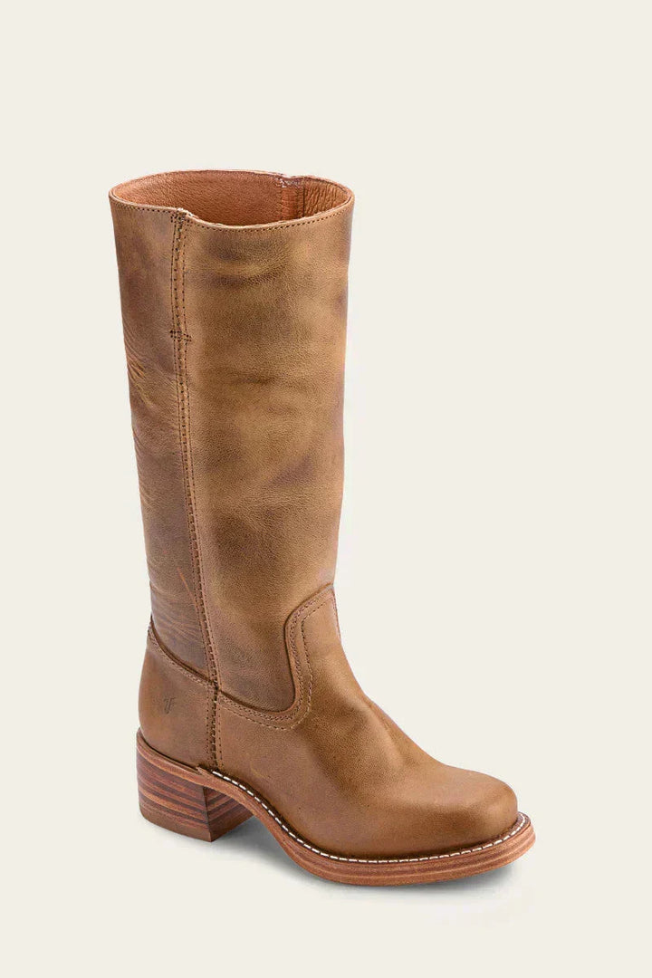 Khaki women's mid-calf boots with classic closed toe & durable block heel. Great for everyday wear.