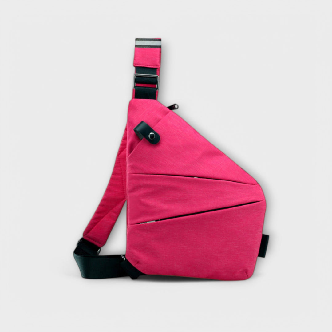 Close-up of the textured material of a women's modern crossbody utility bag