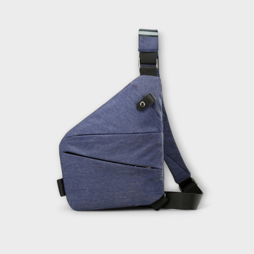 Woman wearing a chic black crossbody utility bag, casual fashion statement