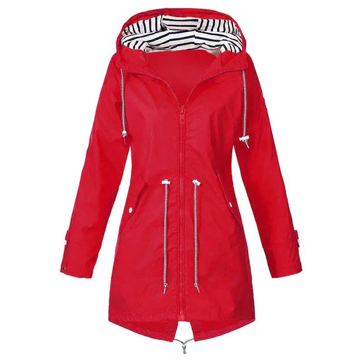 Stylish women's rain jacket, relaxed fit, drawstring waist, ideal waterproof windbreaker for women