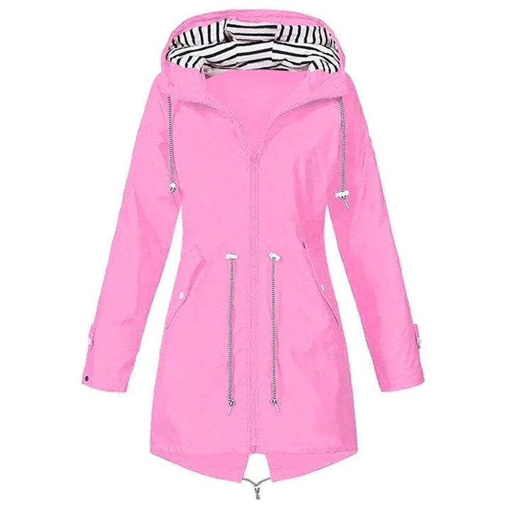 Women's casual rain jacket with hood, waterproof material, comfortable relaxed fit for everyday