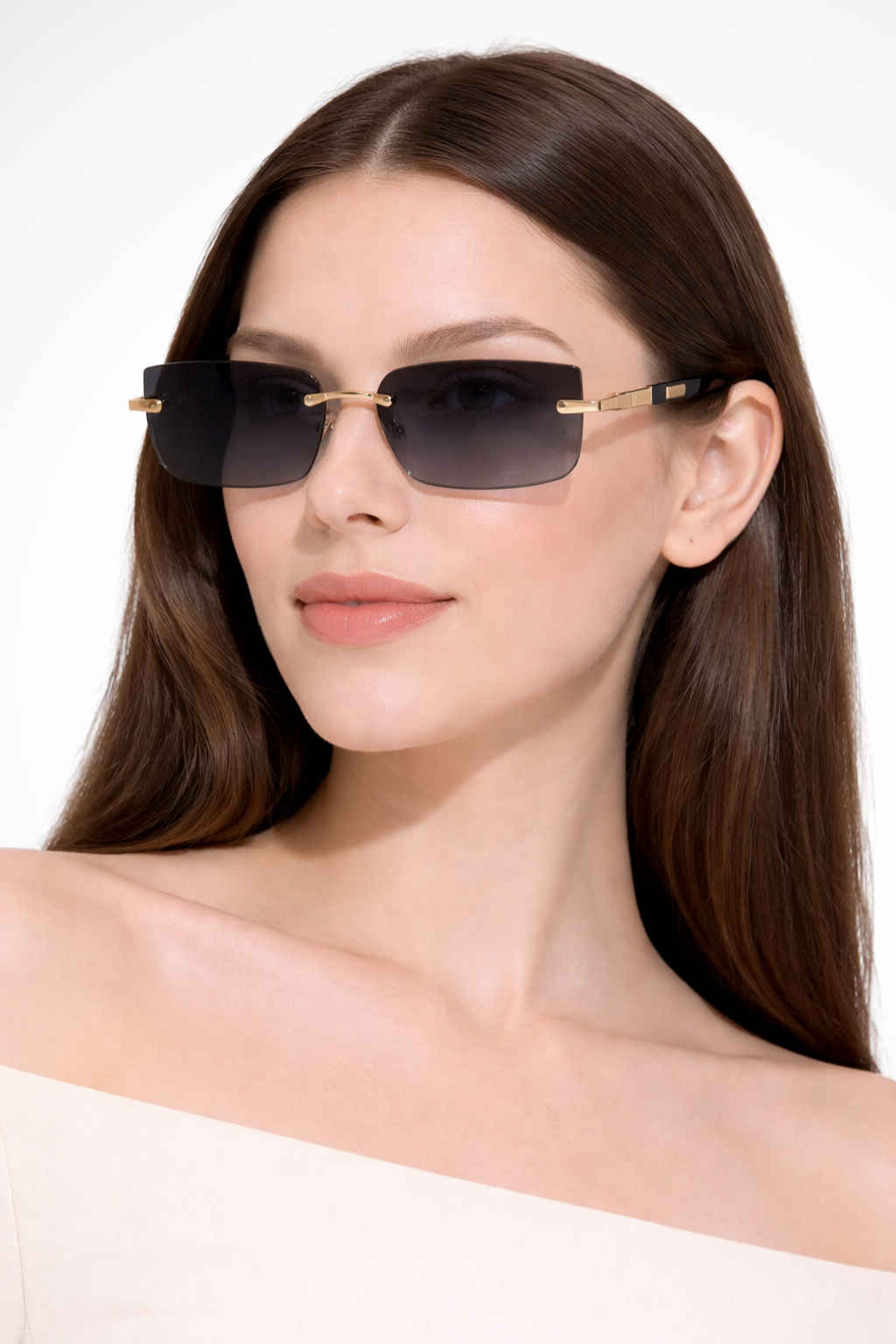 Women's modern rimless rectangle sunglasses with sleek minimalist design, perfect for fashion-forward eyewear.