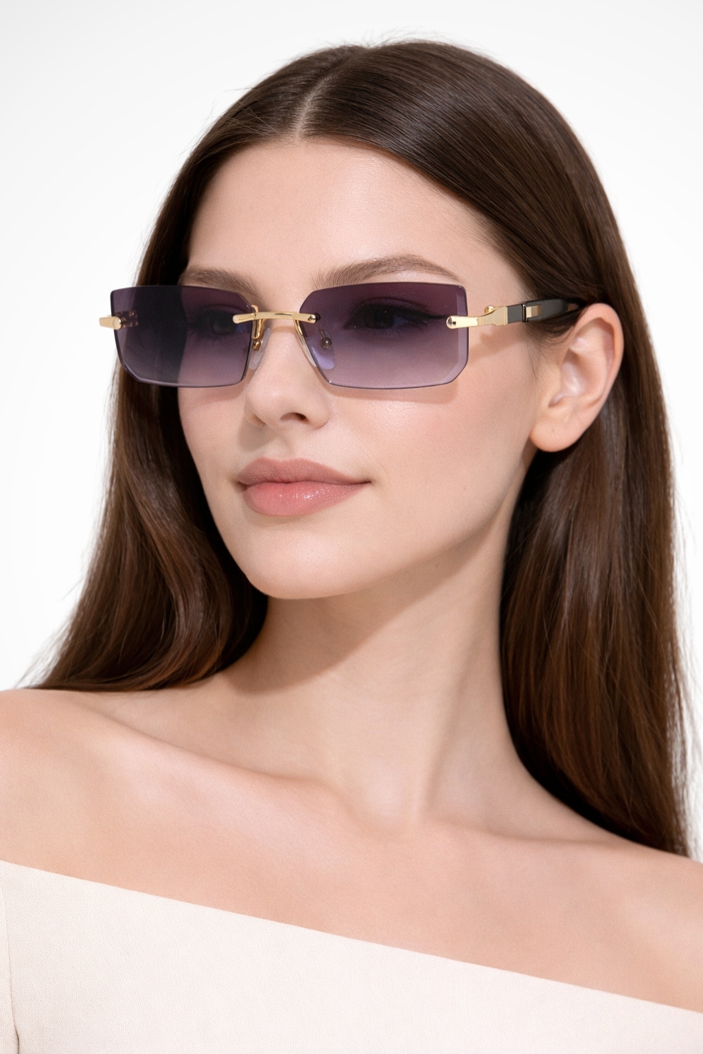 Front view of women's sleek rimless rectangle sunglasses, a minimalist fashion accessory with tinted lenses.