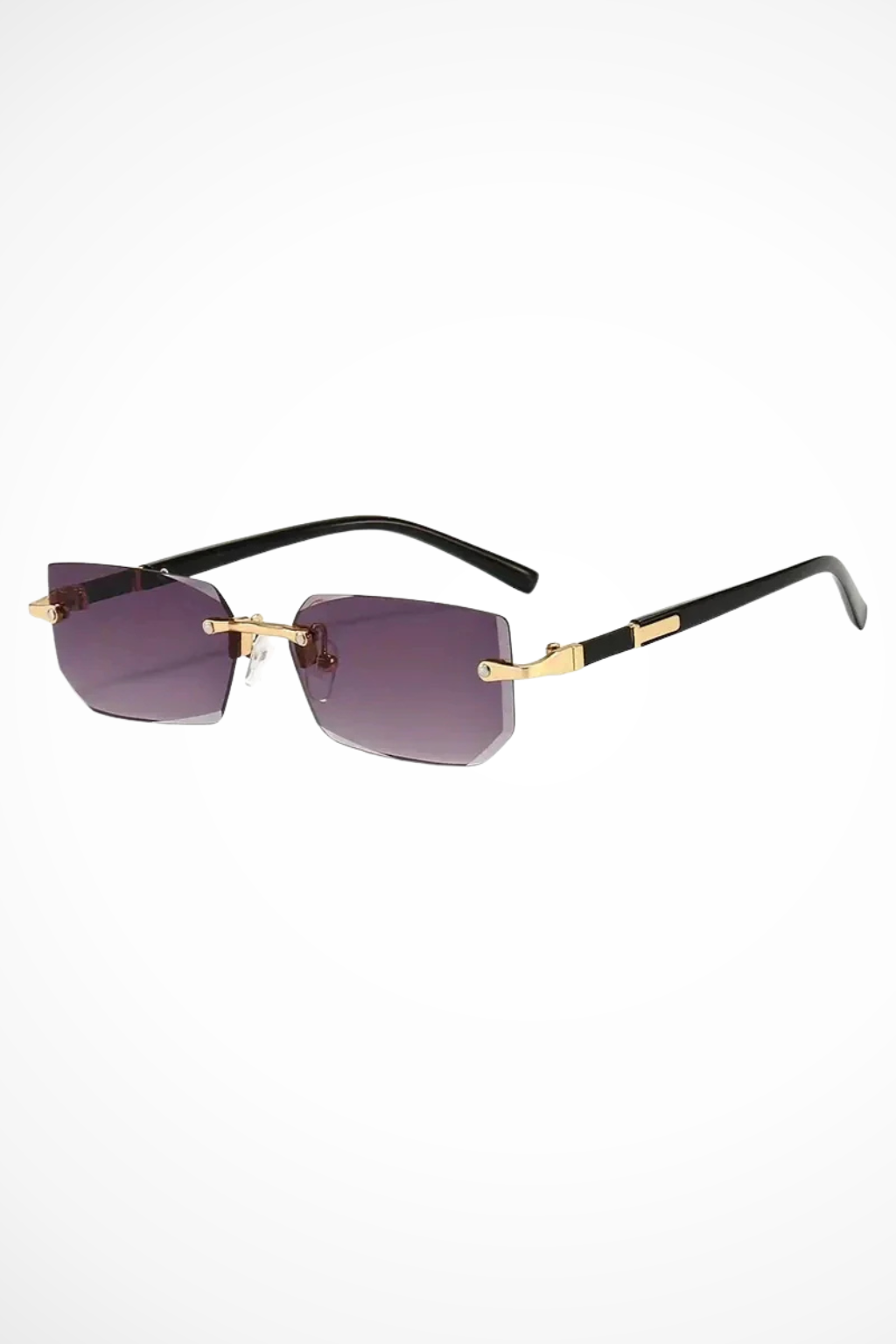 Side view of modern women's rimless rectangle sunglasses, showcasing sleek design and lightweight eyewear.