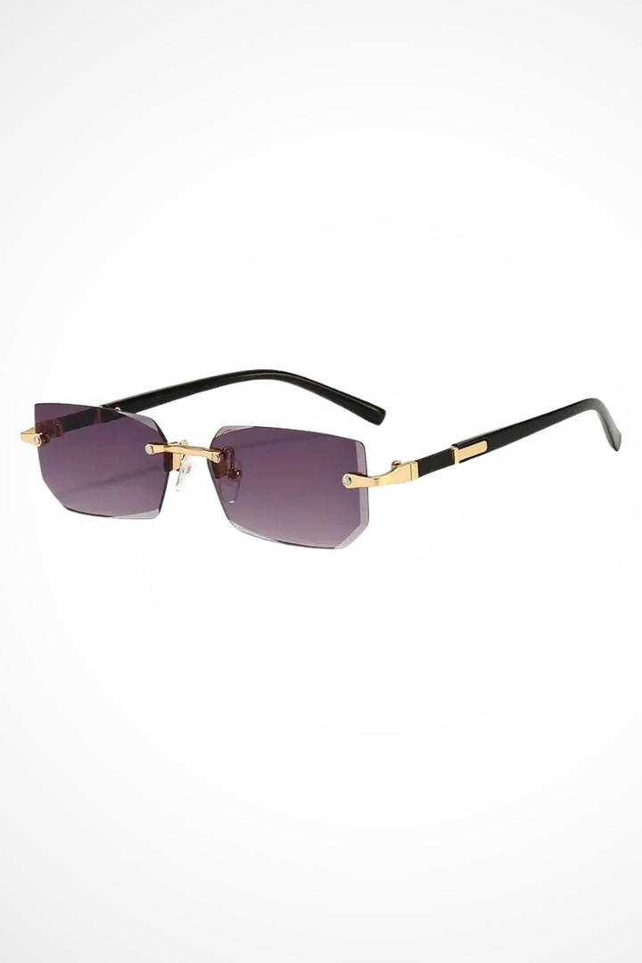 Side view of modern women's rimless rectangle sunglasses, showcasing sleek design and lightweight eyewear.