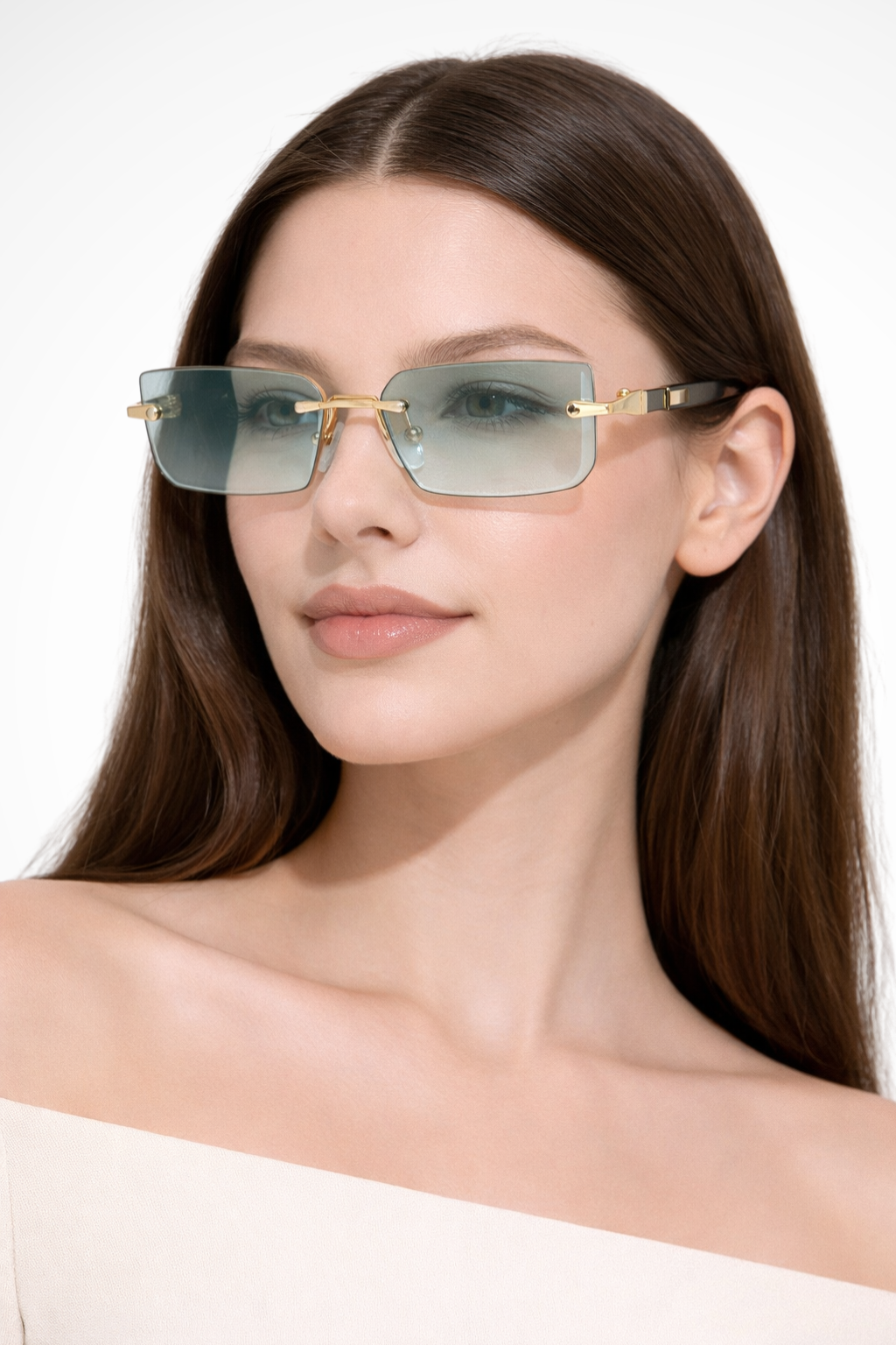 Elegant women's rimless rectangle sunglasses, emphasizing the minimalist and sleek eyewear design.