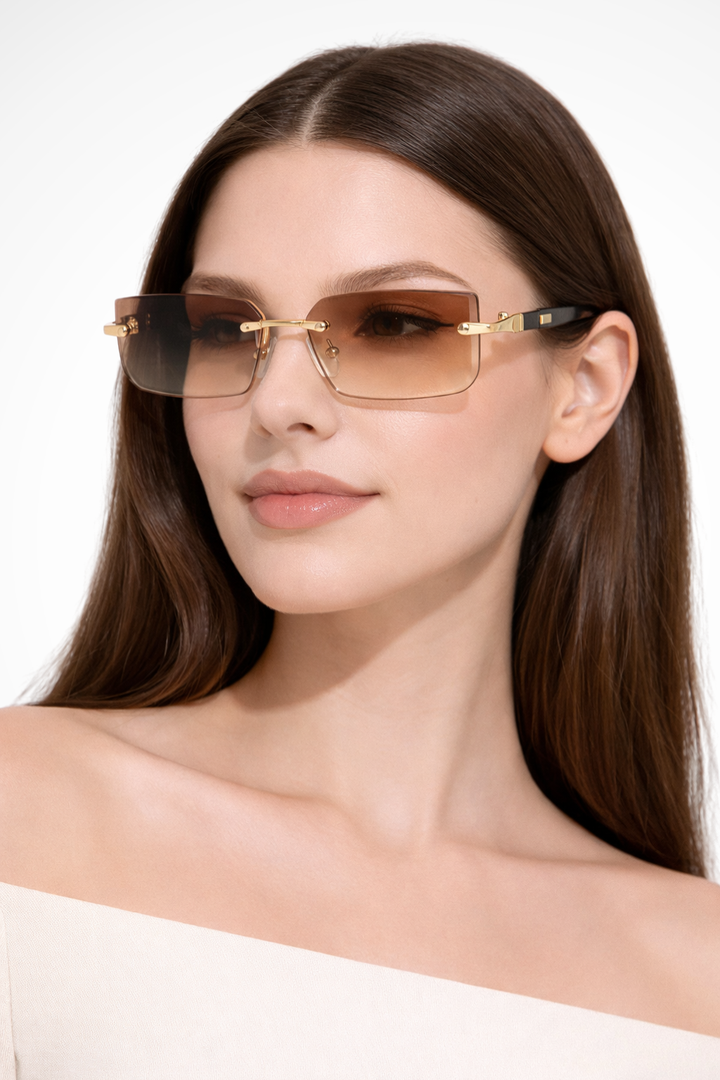 Fashionable women's rimless rectangle sunglasses, offering a sleek, modern, and minimalist eyewear statement.