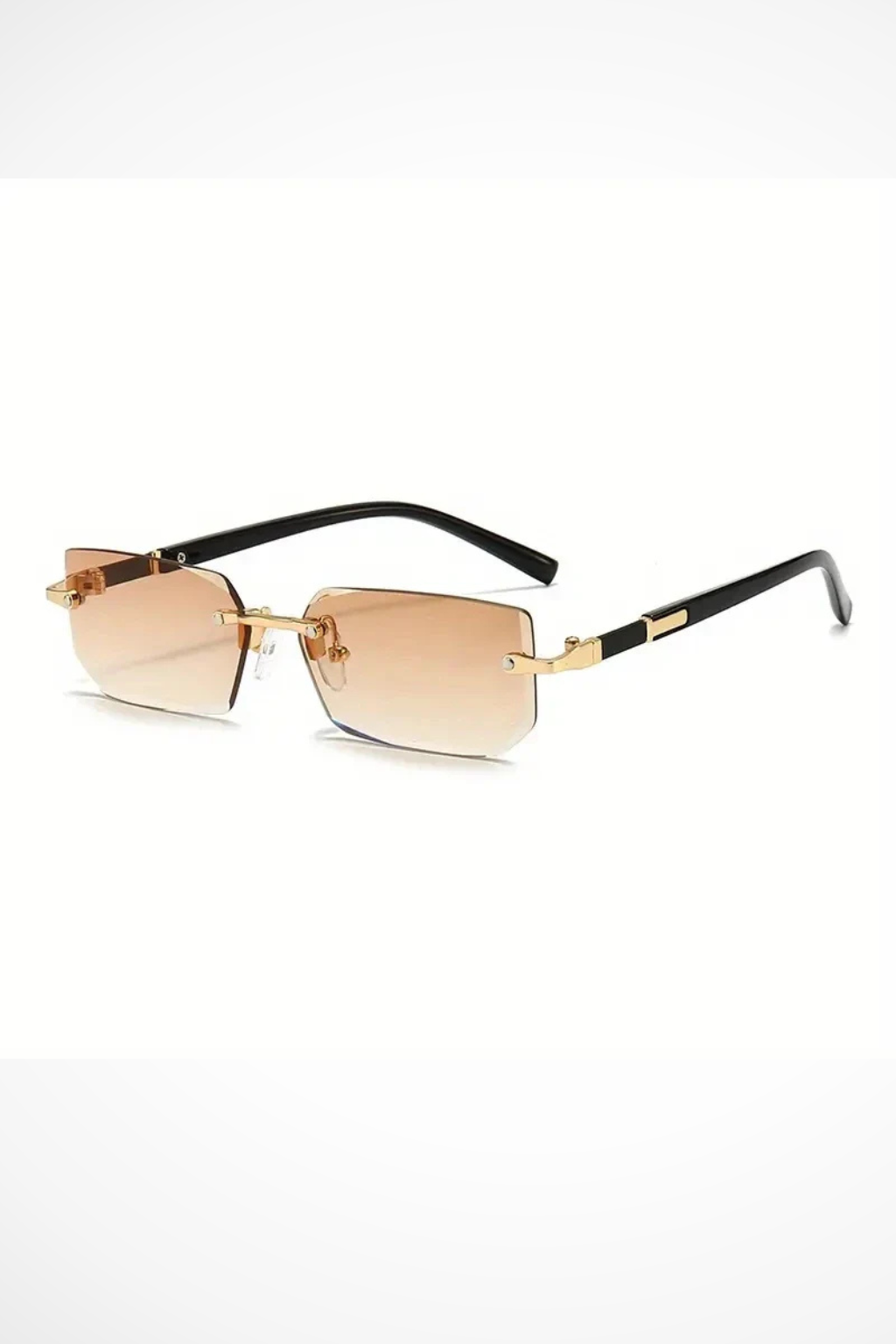 Close-up of women's sleek rimless rectangle sunglasses, highlighting modern design and quality eyewear.
