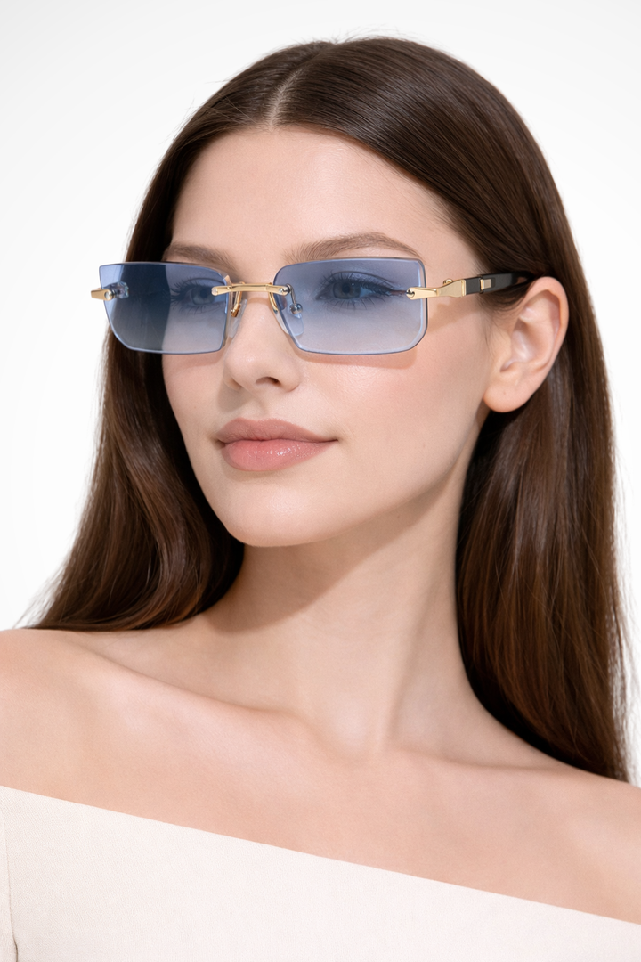 Versatile women's rimless rectangle sunglasses for a modern, sleek, and minimalist fashion eyewear look.