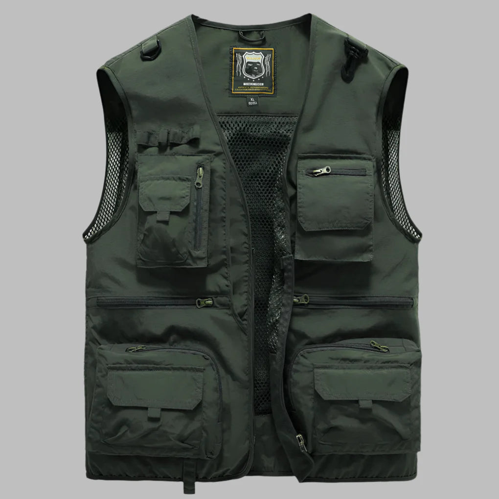 Close-up of a women's lagenlook multi-pocket summer vest, highlighting pocket details.