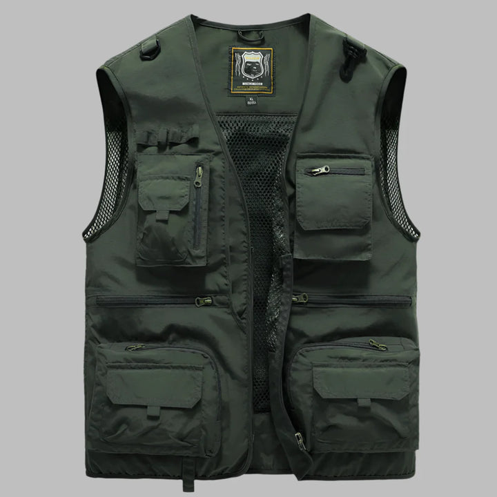 Close-up of a women's lagenlook multi-pocket summer vest, highlighting pocket details.