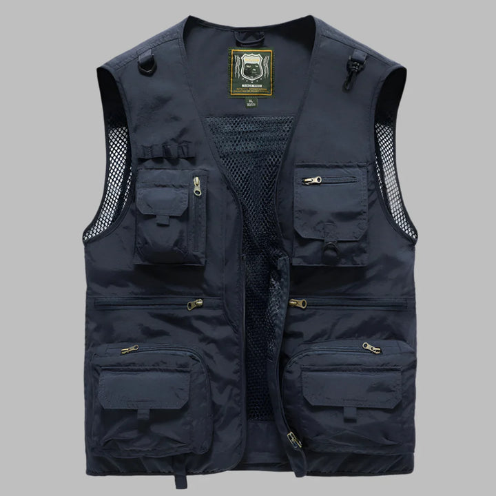 Women's multi-pocket outdoor vest in a neutral color, styled for summer travel apparel.