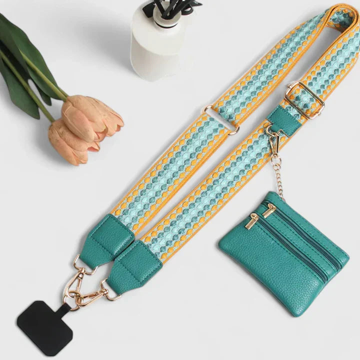 Back view of women's compact purse, a multi-pouch phone bag, showing its sleek design and branding.