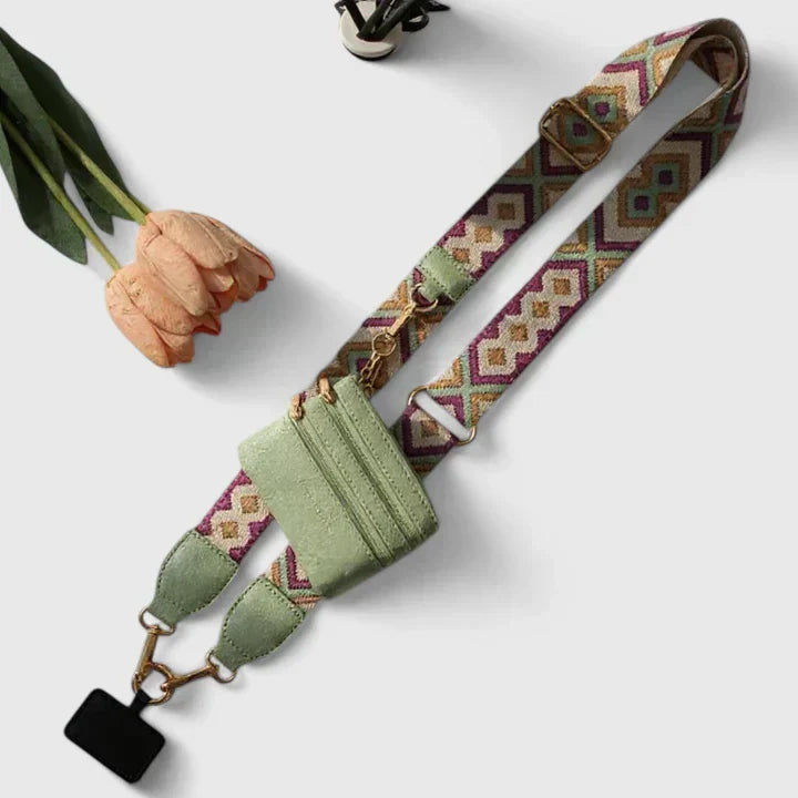 Fashionable women's multi-pouch crossbody phone bag with adjustable strap, ideal for travel and summer.