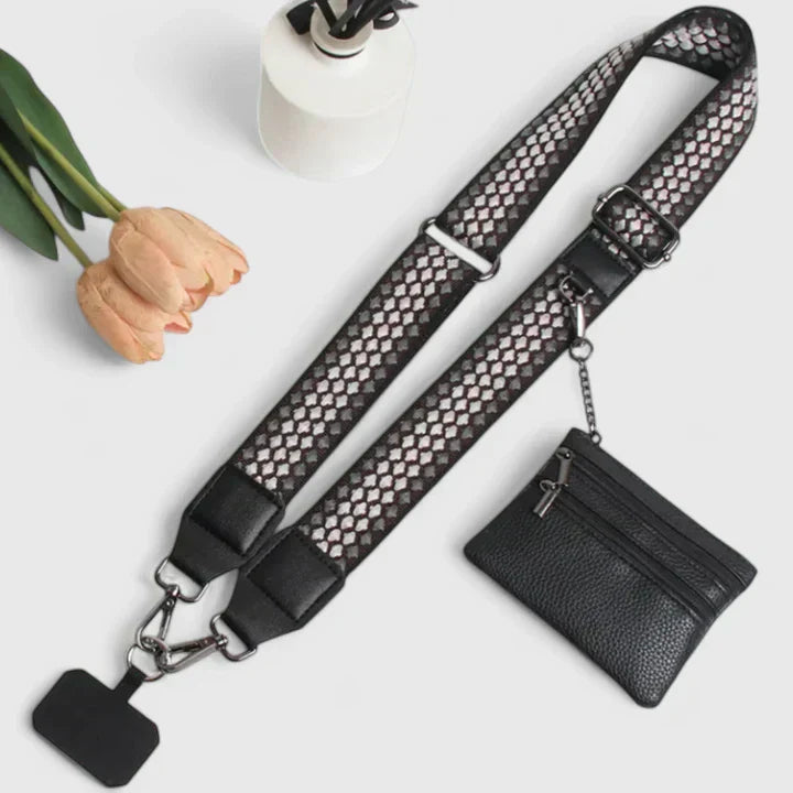Side profile of a women's multi-pouch messenger bag, highlighting its slim design and versatile carrying.