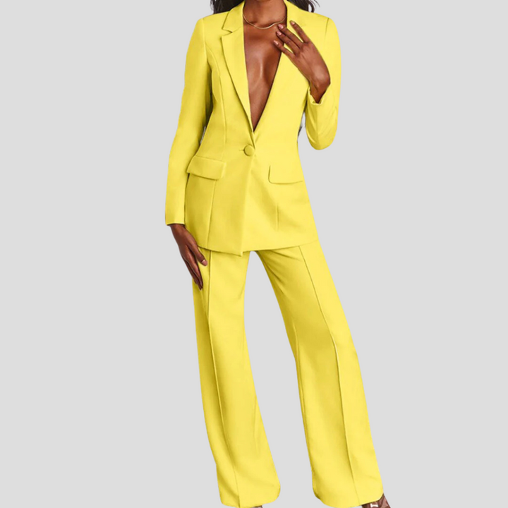 Women's navy business blazer & straight-leg trousers co-ord set, front view, professional fashion.