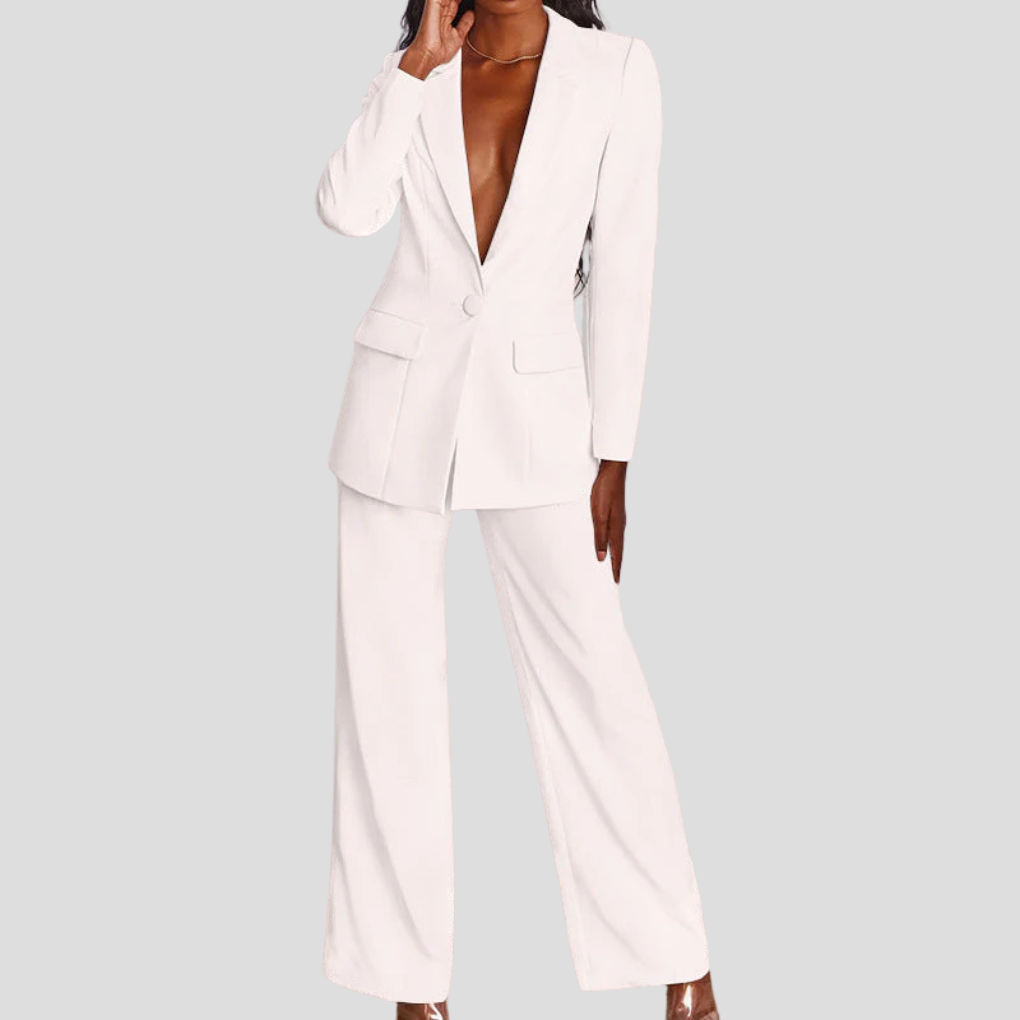 Back view of women's sophisticated black blazer and straight-leg trousers combination, New4 design.