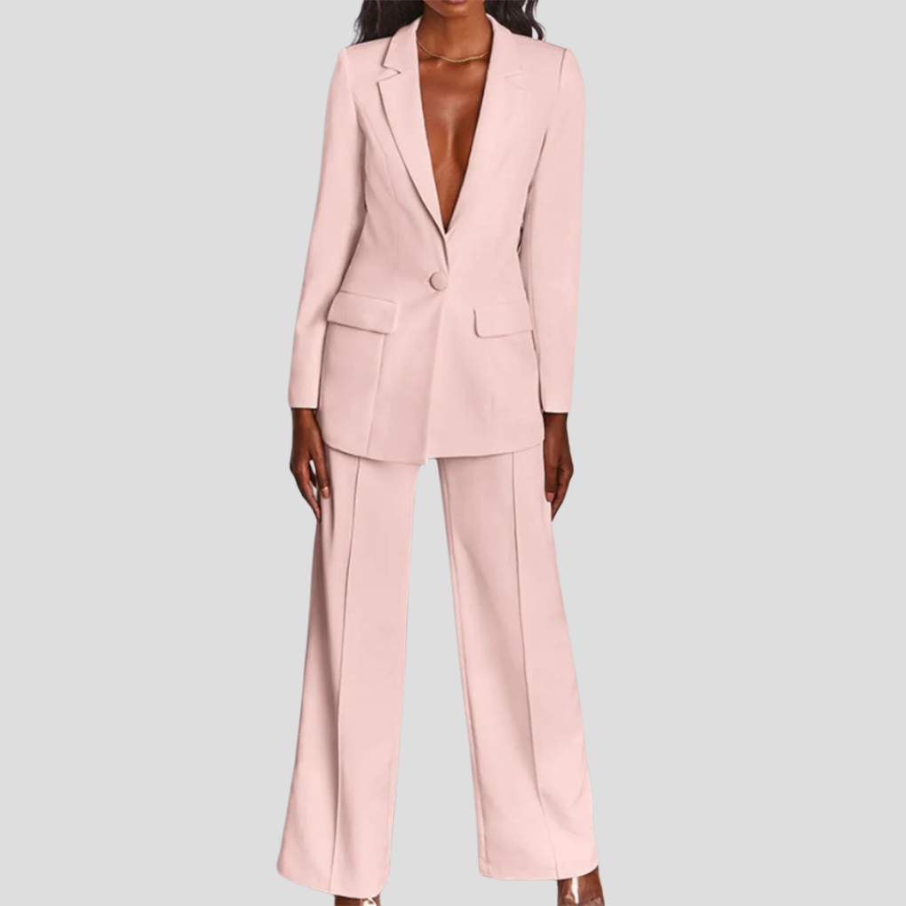 Women's formal wear: pristine white blazer and straight-leg trousers set, perfect elegant fashion.