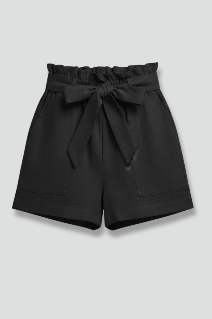 Women's navy tie waist summer shorts with functional side pockets, perfect for casual wear.