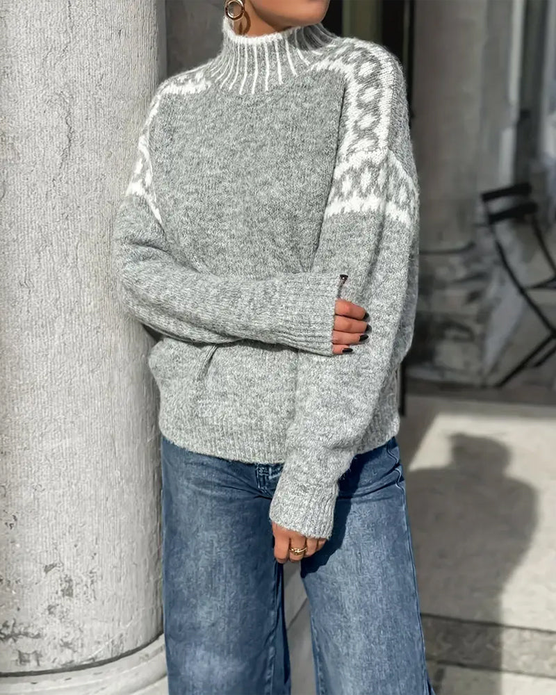 Warm wool blend women's Nordic knit sweater, featuring classic pattern, long sleeve, casual
