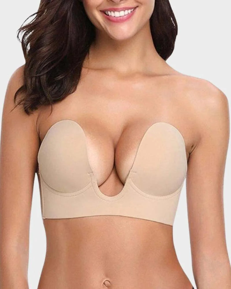 Women's nude strapless deep-U push-up plunge bra. Ideal backless adhesive lingerie for invisible support.