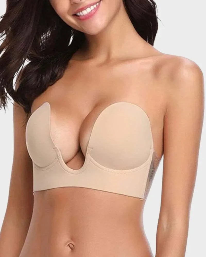 Seamless strapless Deep-U plunge bra for women. Invisible, backless, push-up adhesive lingerie support.