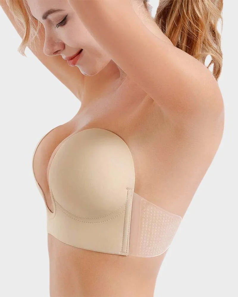 White strapless push-up plunge bra for open back dresses. Adhesive invisible women's intimate apparel.