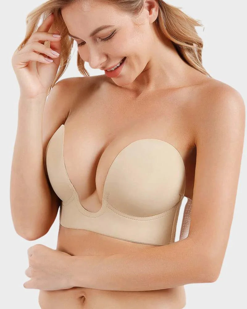Women's invisible strapless deep-U plunge bra. Adhesive push-up design for backless outfits and deep V-necks.