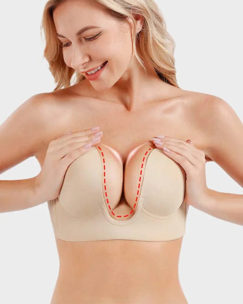 Comfortable strapless backless push-up bra. Deep-U plunge, adhesive design, invisible women's lingerie.