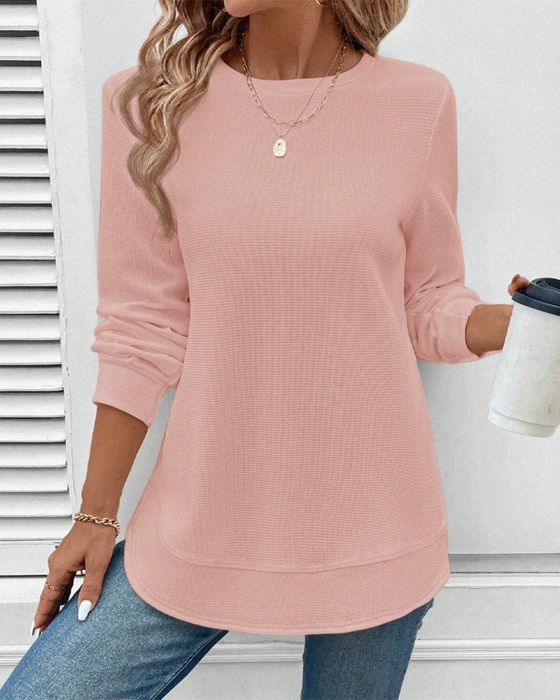 Versatile women's O-neck cotton blend long sleeve blouse in white, ideal for spring outfits.