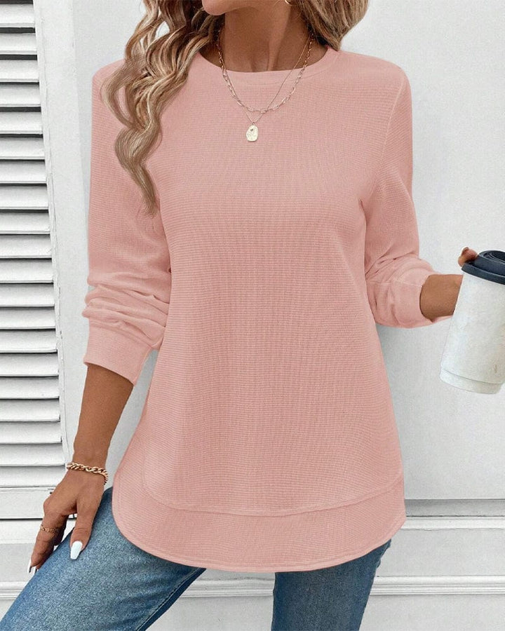 Versatile women's O-neck cotton blend long sleeve blouse in white, ideal for spring outfits.