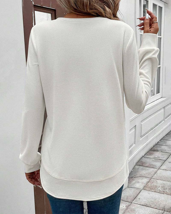 Women's long sleeve O-neck blouse in a rich navy blue, suitable for casual wear and layering.