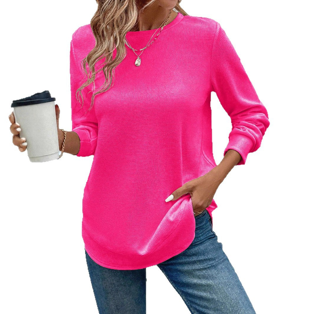 Everyday basic women's O-neck long sleeve top, in a classic gray cotton blend for spring fashion.