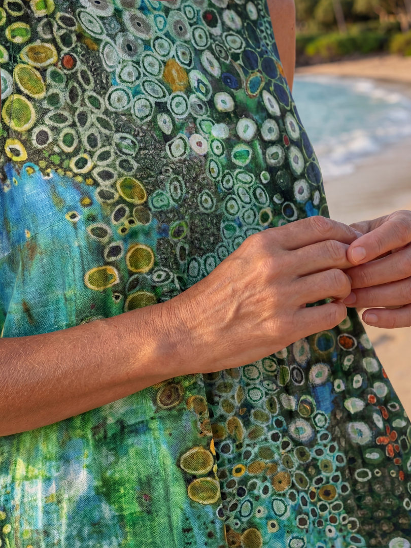Stunning women's sleeveless midi dress featuring an ocean mosaic green abstract pattern. Casual, comfortable & flowy summer wear.