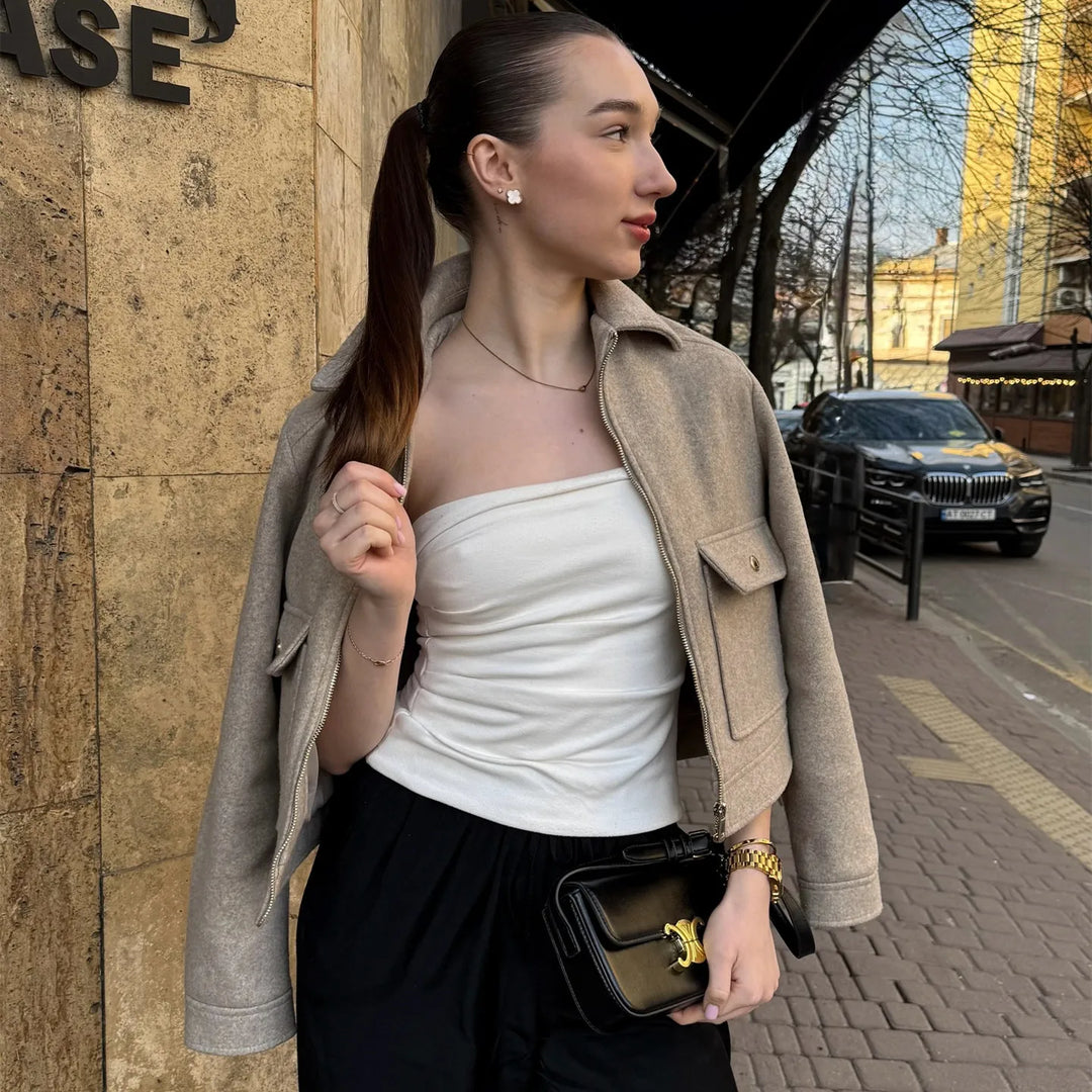 Women's olive green utility cropped zip-up jacket in cotton blend, front view, for spring/fall outerwear