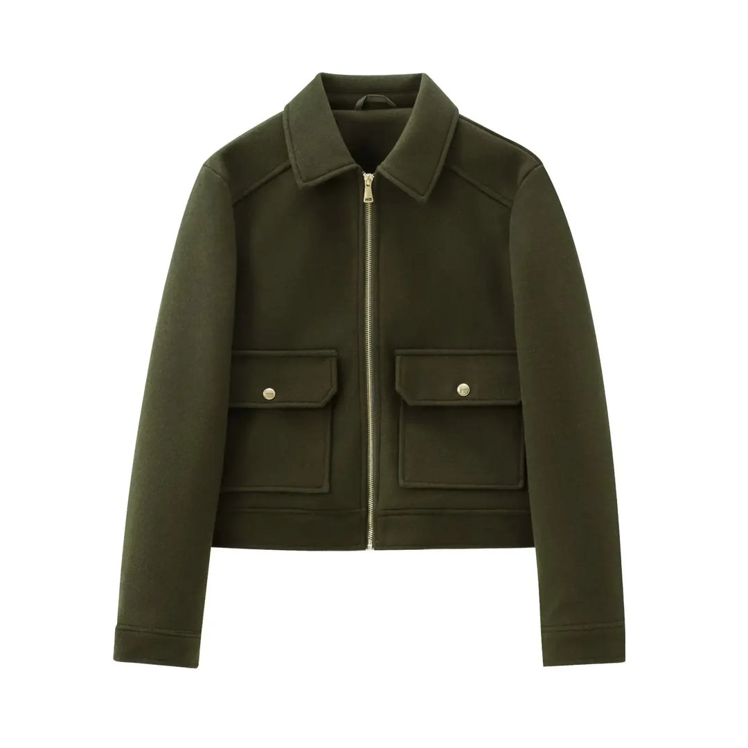 Women's red cropped utility jacket, zip-up front, relaxed fit, an essential casual and lightweight outerwear piece