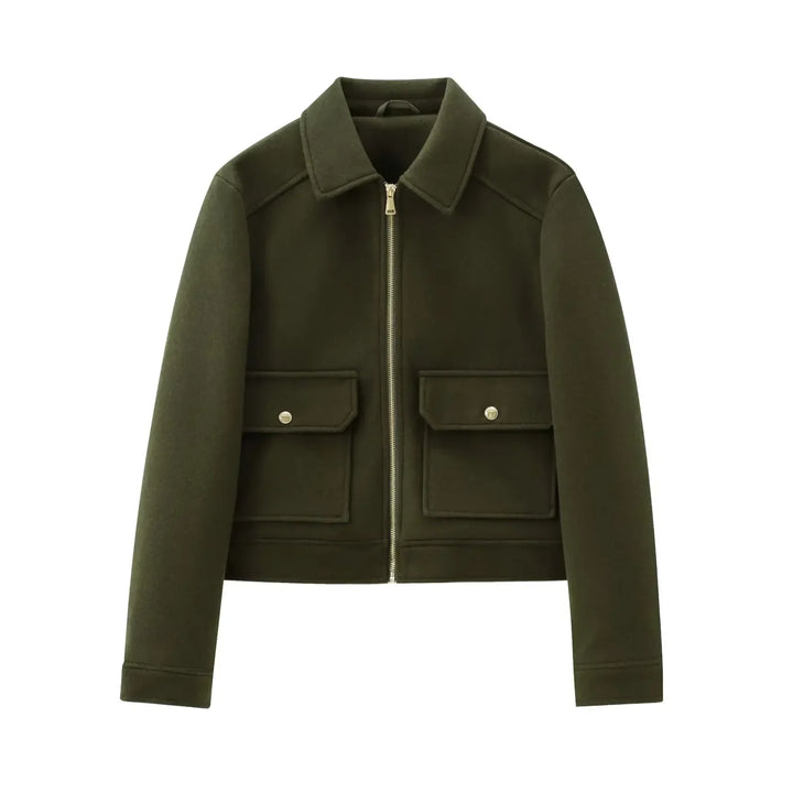 Women's red cropped utility jacket, zip-up front, relaxed fit, an essential casual and lightweight outerwear piece