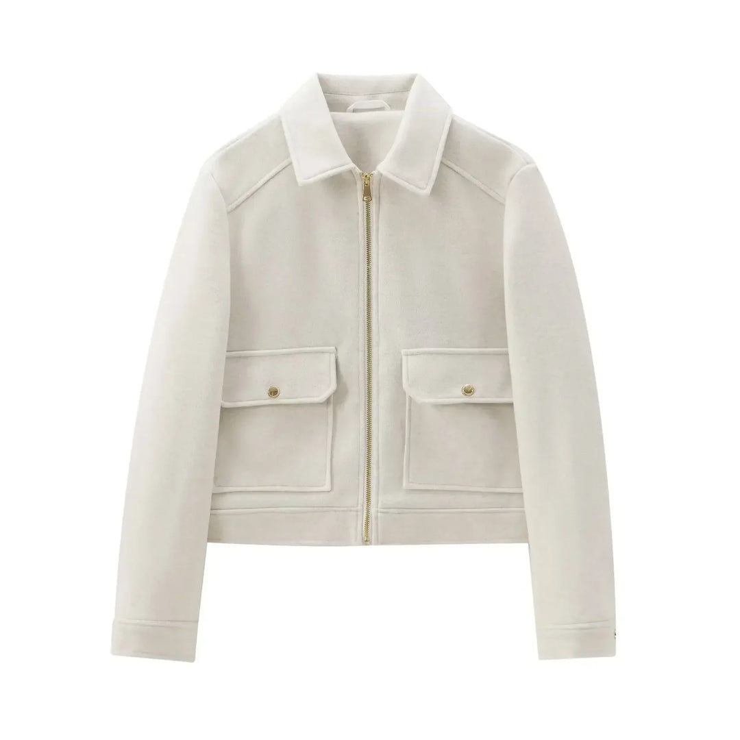 Hanging display of a women's grey utility cropped zip-up jacket, versatile fashion outerwear for daily wear