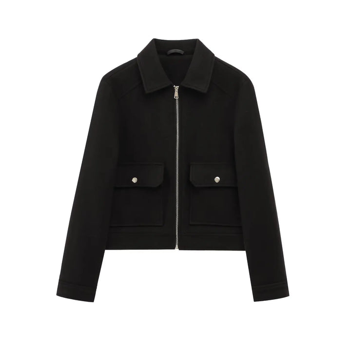 Back view of women's trendy brown cropped zip-up utility jacket, ideal lightweight outerwear for spring/fall